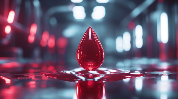 This glowing synthetic blood droplet rests in a high-tech lab under red lights. photo