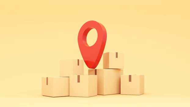 3d illustration of a red pin on top of boxes and a map pointer on yellow background photo
