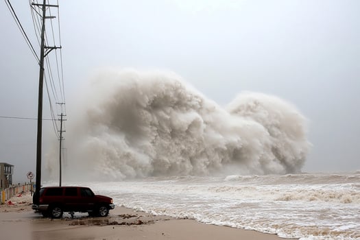 A truck is parked on the beach next to a large wave photo