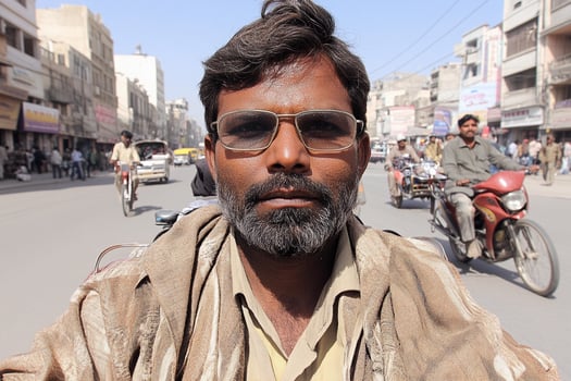 A man wearing a scarf and glasses on a motorcycle photo