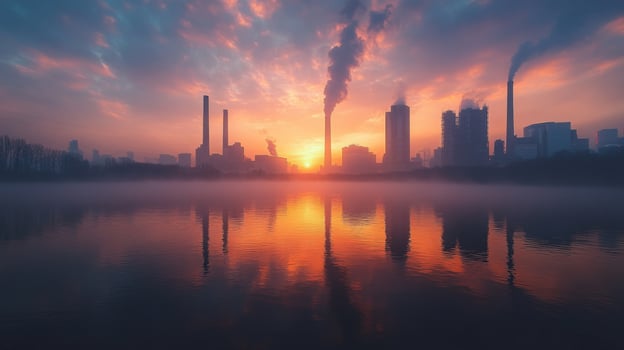 Clouds turn colorful as the sun rises behind tall smokestacks and buildings reflecting on the river. Mining and power generation activities shape the dramatic skyline. photo