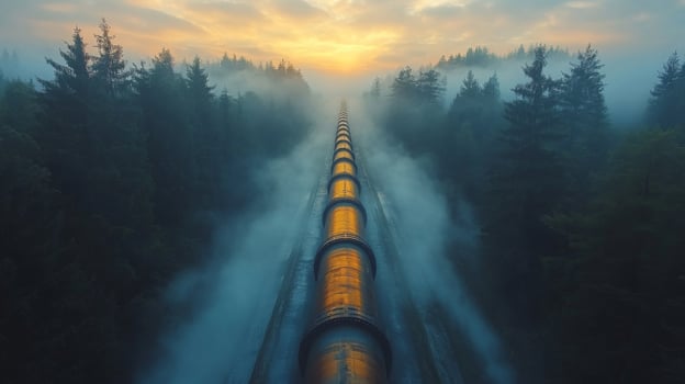 A large pipeline runs through a dense, mist covered forest as the sun rises. This infrastructure is vital for the extraction and transportation of resources for energy generation. photo