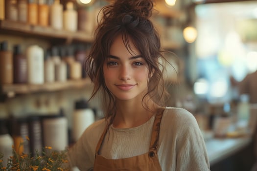 a local entrepreneur running a small beauty salon, styling a customers hair while chatting, with traditional decor and a warm, welcoming atmosphere photo