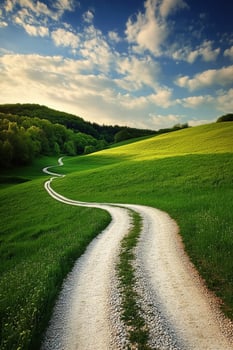 Winding gravel road through lush green fields photo