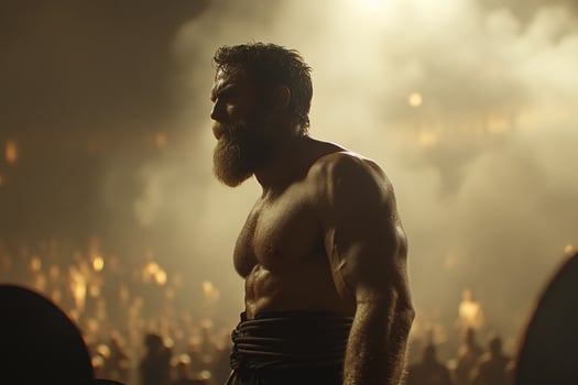 A shirtless man with a beard standing in front of a crowd photo