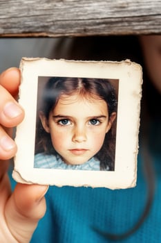 Hand holding old torn instant photo of young girl with freckles and blue eyes