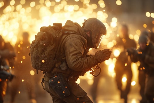 A soldier in a military uniform is walking through a crowd of people photo