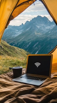 Scenic Mountain Views A Laptop Connects You to the World While Camping in Nature, Offering Digital Nomad Freedom and a Blend of Adventure and Modern Technology photo