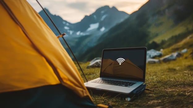 Connected Camping Laptop in Nature with WiFi Symbol, Mountain Scenery. Digital Nomad Adventure and Remote Work in the Wilderness for Travel and Tech Enthusiasts. photo