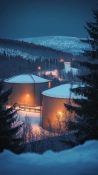 Winter's Embrace Industrial Tanks in a Snowy Landscape, Fueling the Cold with Energy and Petroleum, a Twilight Scene of Snowy Mountains and a Remote Facility photo