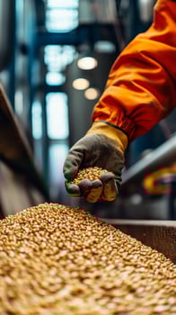 Gloved Hand Holding Grain A Close-Up of Industrial Harvest and Production. Focus on Raw Materials, Seeds and Agriculture in the Manufacturing Process photo