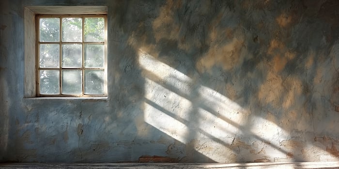 Soft shadows play across the textured wall, illuminated by warm sunlight streaming through the window. photo