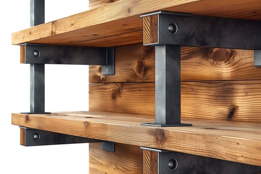 Rustic wooden shelving with industrial metal supports, showcasing a blend of natural and modern design elements. photo