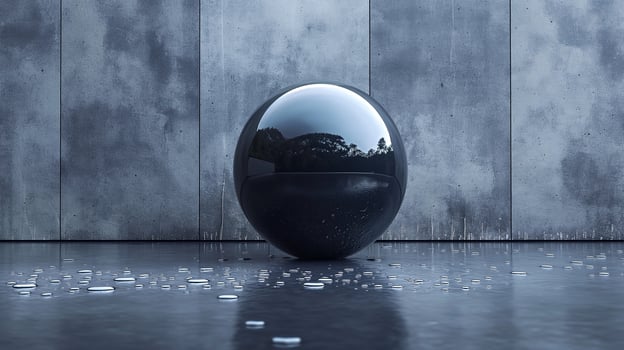 A reflective black sphere resting on a wet surface, against a textured concrete wall backdrop. photo