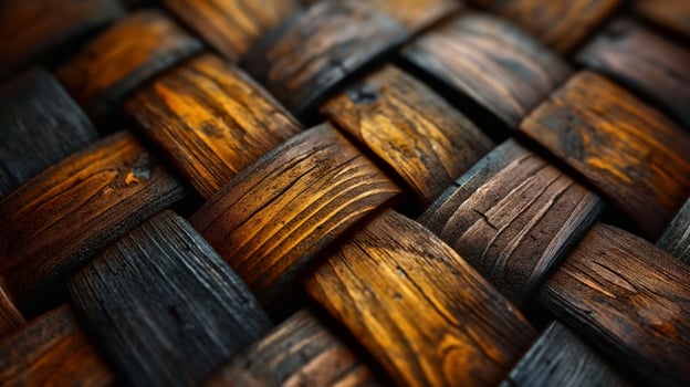 Detailed close-up of a beautifully woven texture featuring dark and light wooden tones. photo