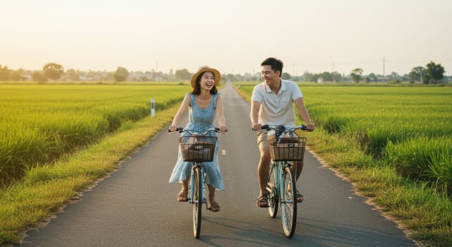 Happy Young Couple Cycling Together on a Country Road Through Green Fields at Sunset photo