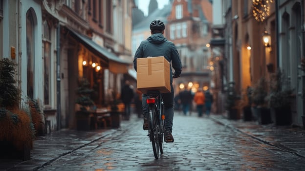 Person riding bicycle on wet cobblestone street. Box on back. Lights glow from buildings. Figures walk in background. Delivery concept. Cloudy weather. photo