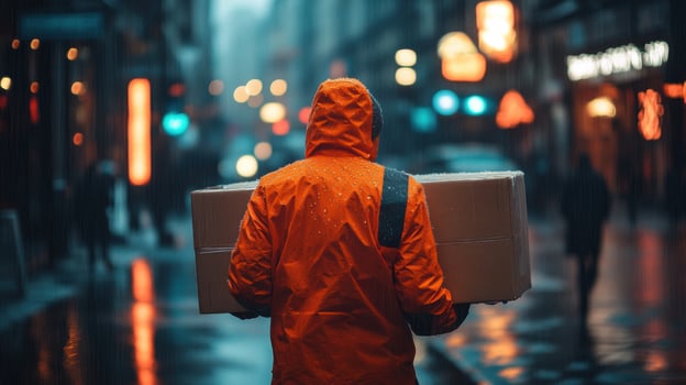 Person carries box. Orange raincoat in the rain. City street with blurry lights. Courier delivers package. Wet urban landscape. photo