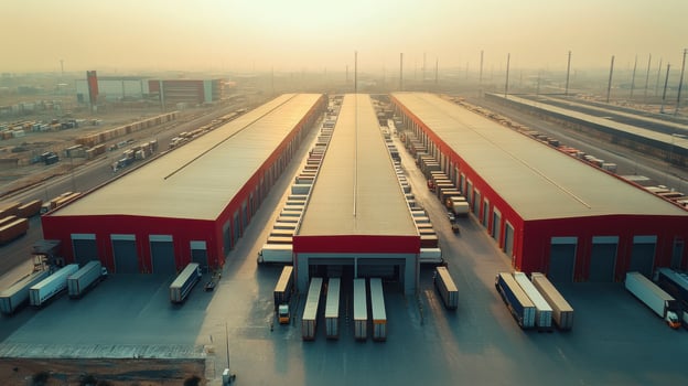 Aerial view of large distribution center with trucks. Delivery vehicles loading at warehouse docks. Industrial buildings on a sunny day. Logistics and transportation. photo