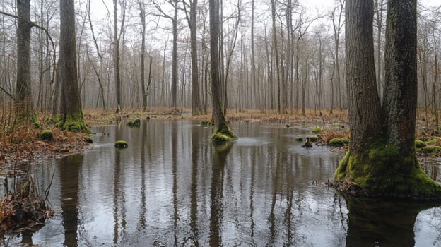 Swamp landscape with tall trees and moss near calm water reflecting the forest in spring with bare branches on overcast sky. photo