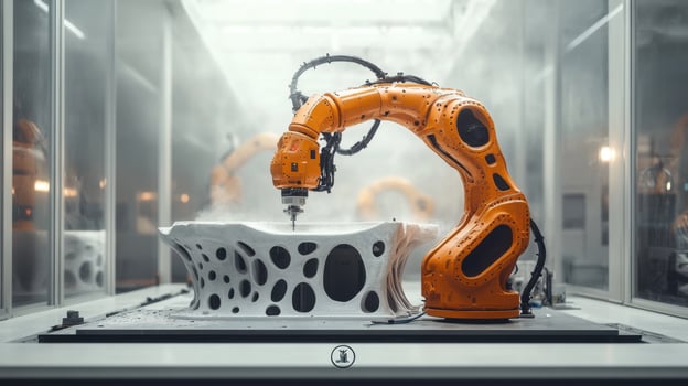 Orange robotic arm carefully works on a gray porous object in a clean modern industrial setting. Precision manufacturing with automated machinery photo