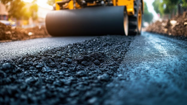 Road roller machine flattening new asphalt on a street. Close up of pavement and fresh tarmac. Urban road construction work. photo