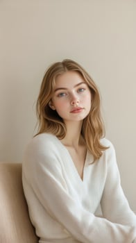 A young woman in a white sweater sitting on a chair photo