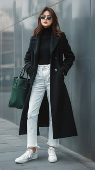 A woman in white pants and a black coat photo