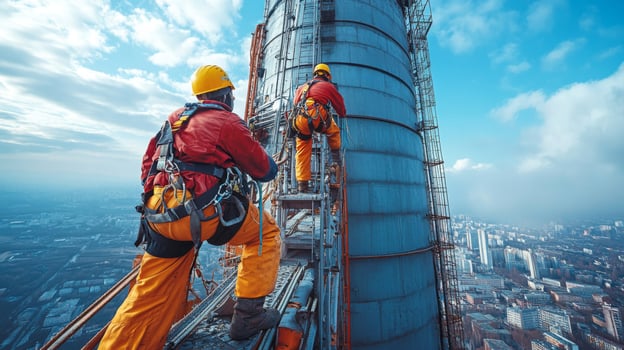 Two workers in safety gear climb the exterior of a tall, industrial tower, performing maintenance tasks while overlooking the cityscape below. photo