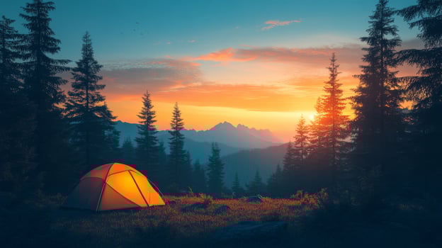 A tent is set up in the middle of a forest at sunset photo