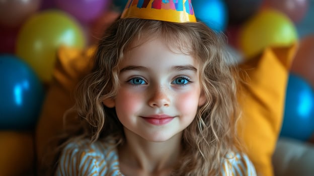 A little girl with a birthday hat on her head photo