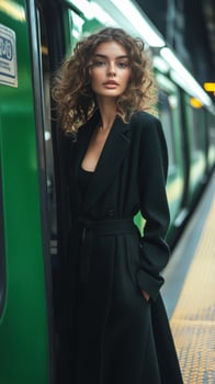 A woman in a black coat standing next to a green train photo