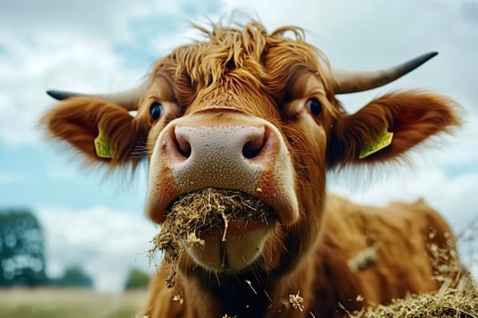 Highland cow chewing hay in a sunny meadow photo