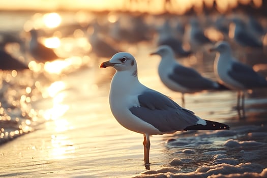 Seagull standing on the beach at sunset with other seagulls in the background photo