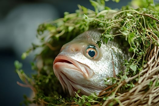 Fresh fish garnished with thyme in a wicker basket photo