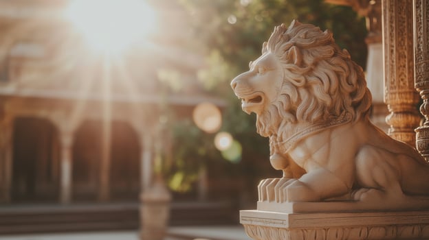 A lion statue is shown in front of a building photo