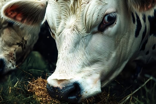 Cow eating hay in a field, close-up on its muzzle photo