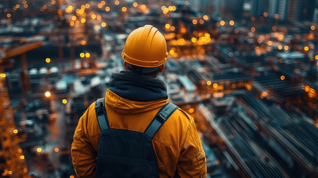 A man in a hard hat looking at the city at night photo