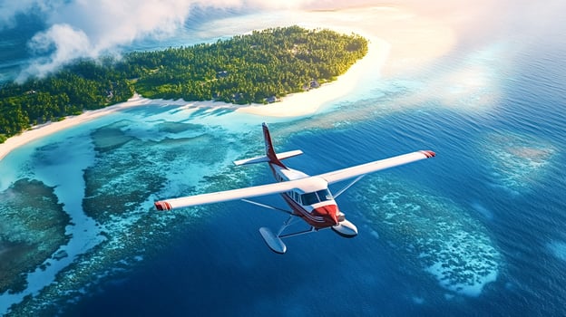 Seaplane flying over a tropical island in the maldives photo