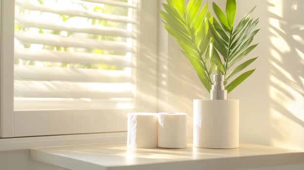 Elegant bathroom decor featuring fresh greenery and minimalist design in bright natural light photo