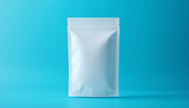 White glossy plastic pouch zip lock mockup for brand promotion on blue background photo