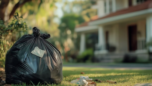 Black plastic trash bags in front house, kitchen waste stay clean photo