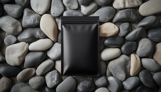 Black food plastic bag zip lock snack mockup identity brand on rock beach for promotion product photo