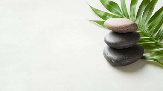 Stacked stones and green leaves create a calming atmosphere for relaxation and meditation photo