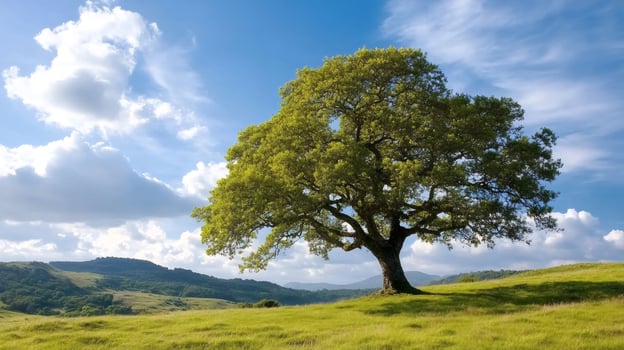 Large oak tree standing on a green hill in spring photo
