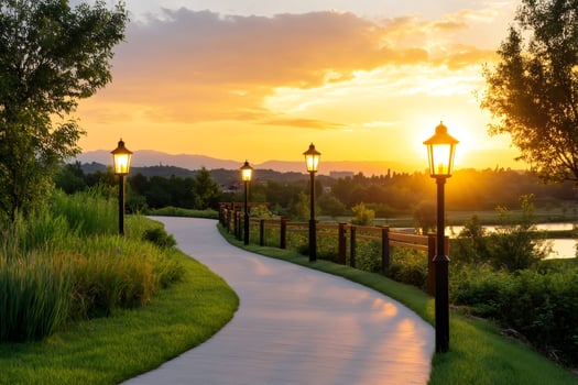 Winding illuminated path at sunset in a peaceful park photo