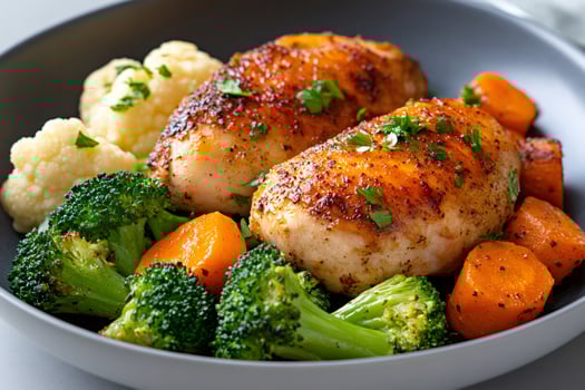Roasted chicken breasts with steamed broccoli, carrots and cauliflower seasoned with parsley lying on gray plate photo