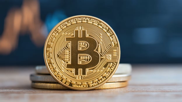golden cryptocurrency coin stacked wooden surface, symbolizing digital finance and investment photo