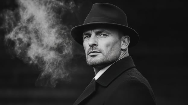 A man in a hat and coat with smoke coming out of his mouth photo