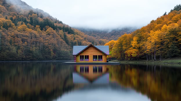 A small wooden house sits on the edge of a lake photo